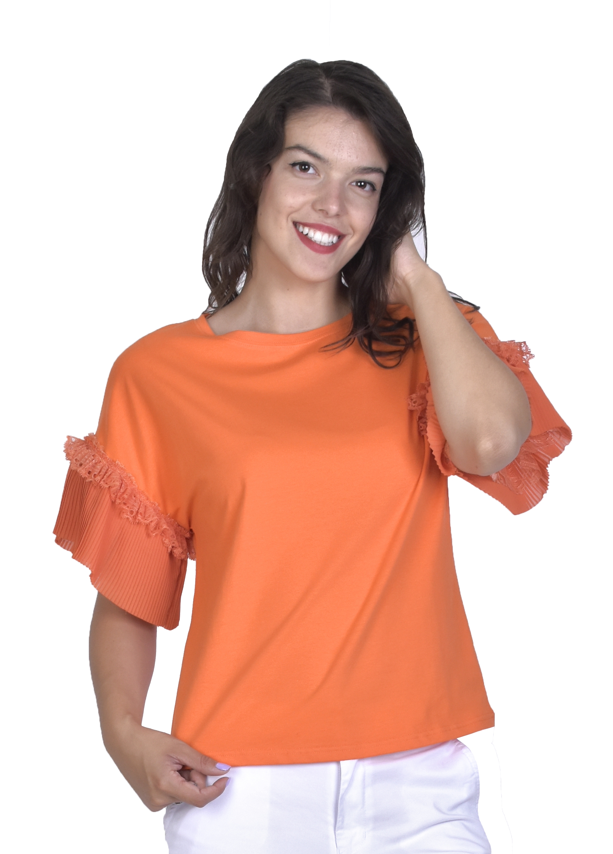 Tricou orange cu maneca plisata 9816 O lafemme.ro imagine reduceri