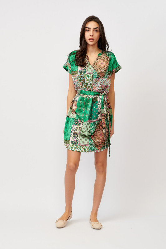 Rochie cu cordon din satin imprimat cu verde