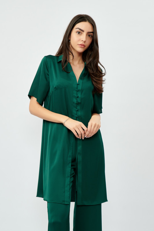 Costum de dama bluza si pantalon din satin verde
