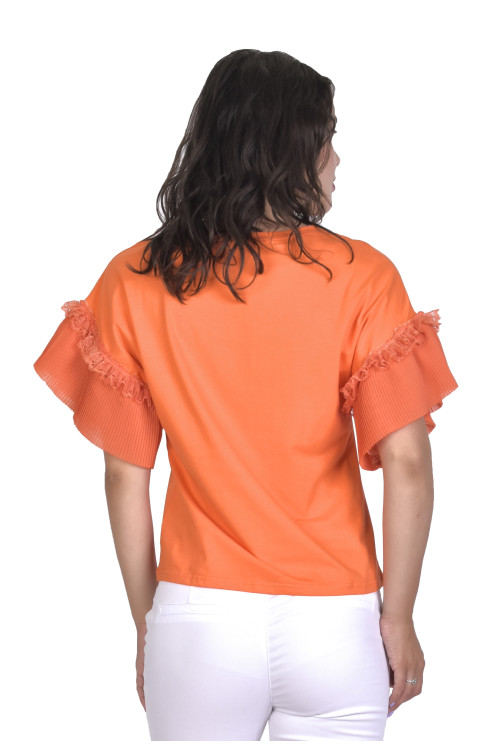 Tricou orange cu maneca plisata 9816 O