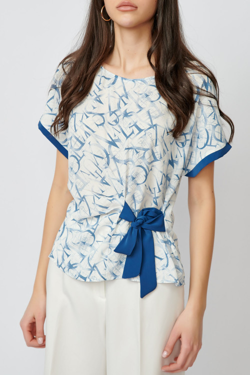 Bluza casual din vascoza imprimata bleu cu cordon