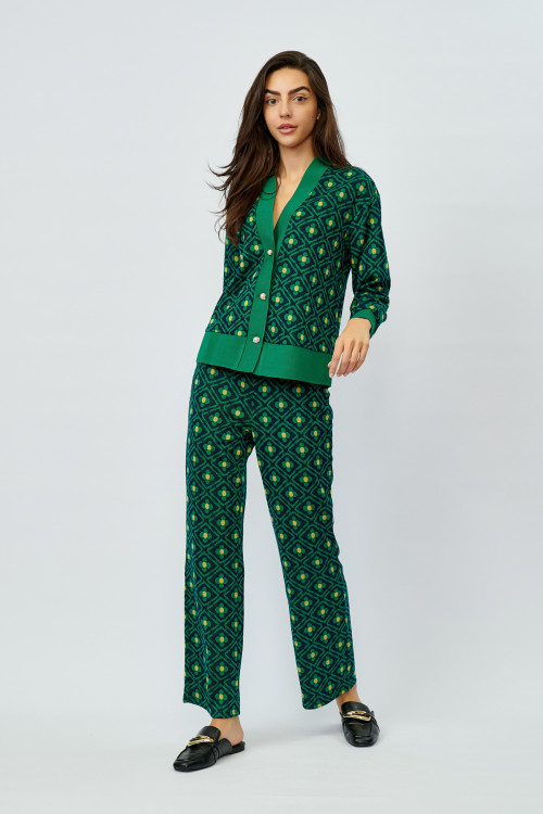Pantalon de dama material tricot verde imprimat